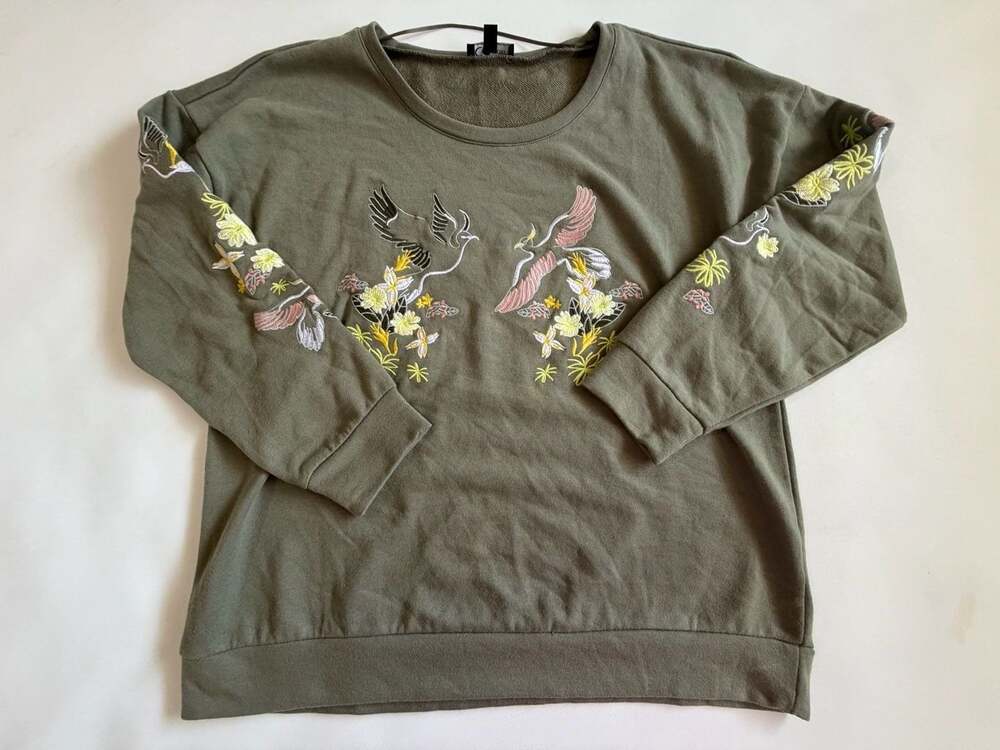 CG Sport Sweatshirt Womens XL Olive Green Crane Floral Embroidered Crewneck Boho